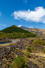 View at Mount Etna (volcano) in Summer time, Sicily. Italy, Europe