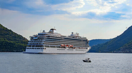 The large cruise liner coming out of the Kotor Bay.