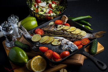 Obraz na płótnie Canvas Dorado fish is cooked in a black grill pan. Seafood and vegetables. Seasonings and spices.