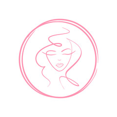 Beautiful hairstyle girl. Cosmetology and plastic surgery. Portrait of a young woman. Logo in a circle female beauty.