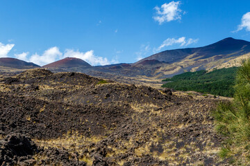 View at Mount Etna (volcano) in Summer time, Sicily. Italy, Europe