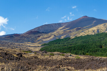 View at Mount Etna (volcano) in Summer time, Sicily. Italy, Europe