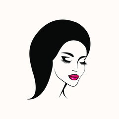 Beauty salon logo.Beautiful woman portrait.Long, wavy hairstyle icon.Sign for spa, aesthetics, beautician, hair studio business.Modern, elegant, luxury, glamour style symbol.Face makeup.Red lipstick.