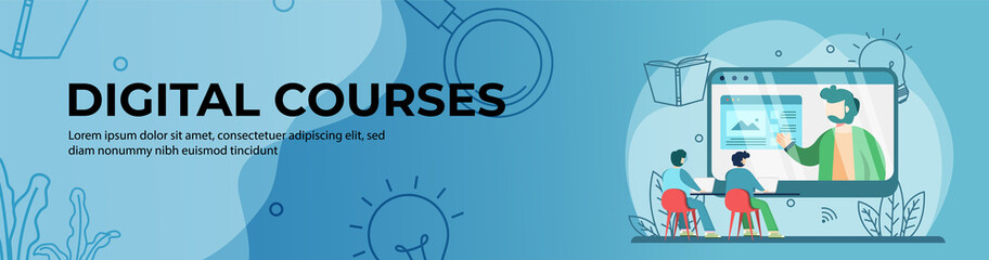 Digital Courses Web Banner Design. student watching online courses. online education, digital classroom. E-Learning concept. header or footer banner.