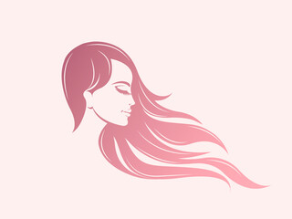Beauty salon logo.Beautiful woman profile portrait.Long, wavy hairstyle icon.Sign for spa, aesthetics, beautician, hair studio business.Modern, elegant, luxury style hairdresser symbol.Face makeup.