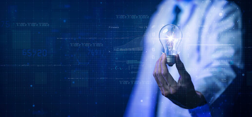 Doctor holding light bulb with futuristic digital number data analytic background, health care hospital and cloud data digital technology idea