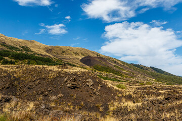 View at Mount Etna (volcano) in Summer time, Sicily. Italy, Europe