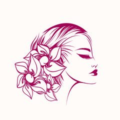Beauty salon logo.Beautiful woman portrait.Flower hairstyle icon.Sign for spa, aesthetics, beautician, hair studio business.Modern, elegant, luxury, glamour style symbol.Face makeup.Red lipstick.