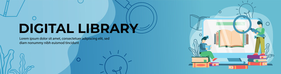 Digital Library Web Banner Design. student Reading and searching online Book on library web. online education, digital classroom. E-Learning concept. header or footer banner.