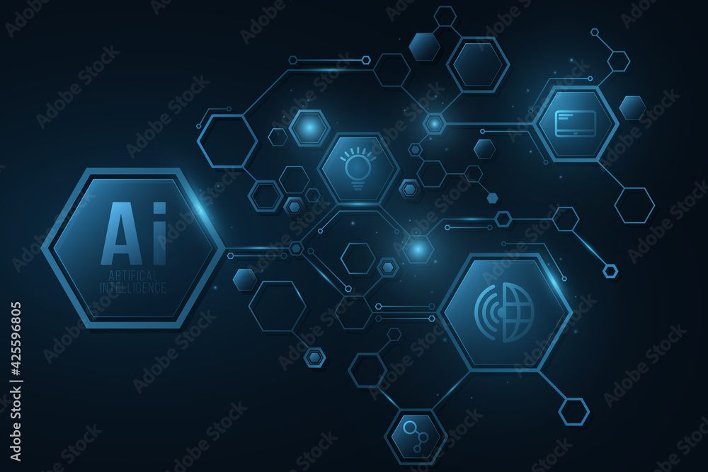 Poster futuristic diagram from glowing hexagons frame with icons. artificial intelligence concept. neural n