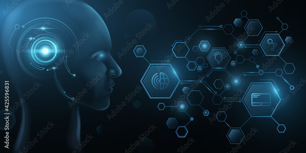 Poster cyborg with futuristic earphone. hud interface. artificial intelligence. neural networks. cyber diag