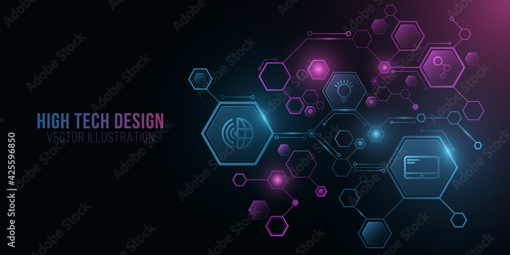 Poster futuristic diagram from glowing hexagons frame with tech icons. artificial intelligence concept. neu