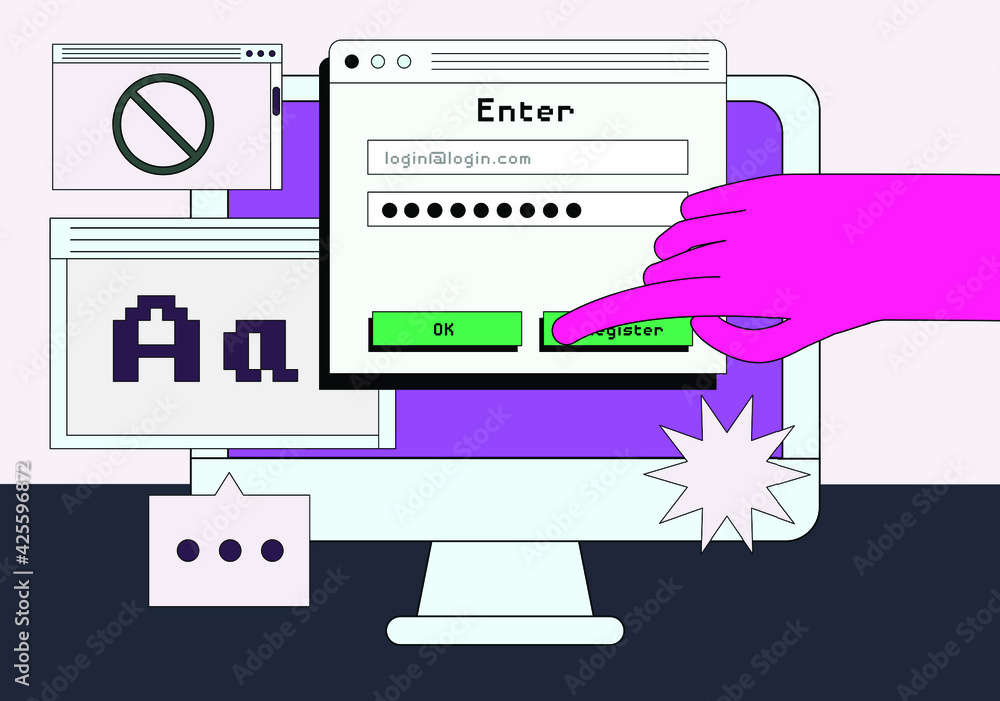 Poster computer screen with programs and applications. conceptual flat vector illustration of ui and ux des