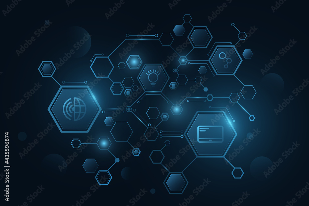 Aufkleber futuristic diagram from glowing hexagons frame with icons for software. artificial intelligence and 
