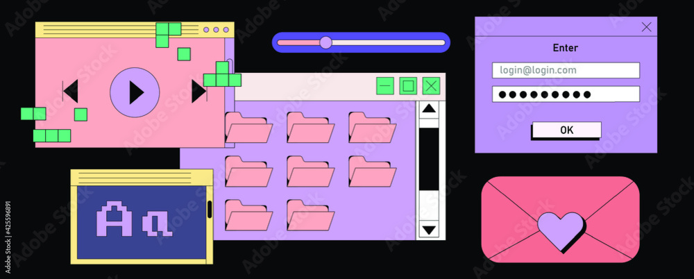 Leinwandbilder Set of retro user interface tabs and icons. Screen panels and dialog boxes of computer software.