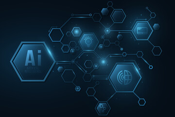 Futuristic diagram from glowing hexagons frame with icons. Artificial Intelligence concept. Neural networks. Digital technology. Big data. Sci-fi presentation. UI design. Vector illustration.