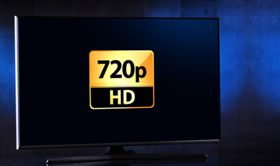 A flat-screen TV set displaying a 720p HD icon