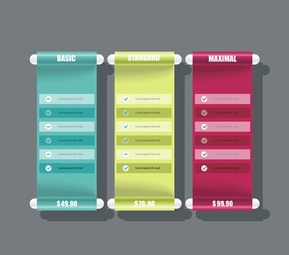 Price list widget with 3 payment plans for online services, pricing table for websites and applications.