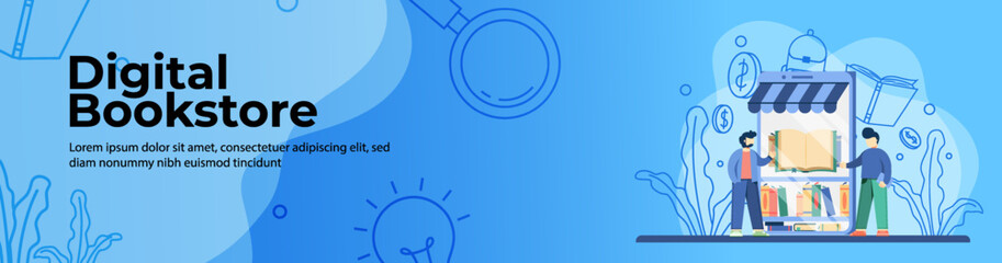 Digital Bookstore for education Web Banner Design. student buy book on online bookstore platform. online education, digital classroom. E-Learning concept. header or footer banner.