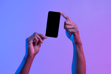 Two African American Male Hands Holding Smartphone With Black Screen, Mockup Image