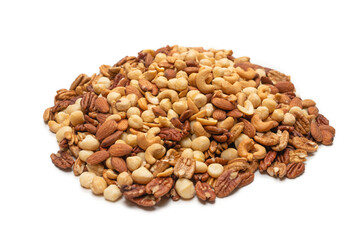 Mix of nuts isolated on white background. Top view.