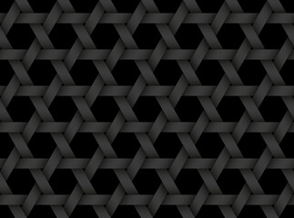 Black seamless pattern of bands weaved in the shape of a six pointed star. Vector dark repeating background illustration.