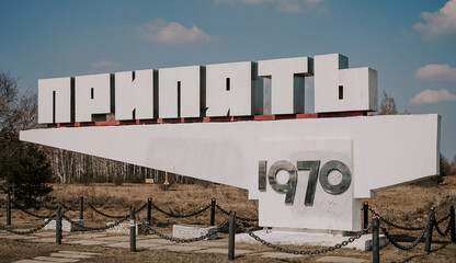The Pripyat entrance sign within the Chernobyl exclusion zone