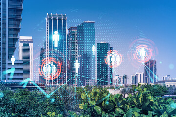 Panoramic view skyscrapers. Modern cityscape of the capital of the Emirate of Dubai. Recruitment...