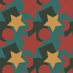 Seamless texture, pattern on a square background - colored geometric shapes - stars, circles, squares, crescents.