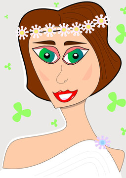 Young Woman With Garland Of Flowers On Her Head And White Dress In Greek Or Roman Style With Floral Brooch Announces That Spring Is Coming As It Rains Shamrocks.