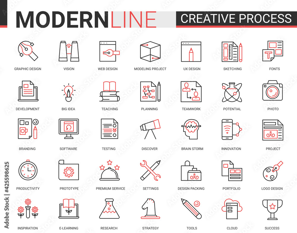 Poster creative work process red black outline line icons. statistics, processing data on digital dashboard