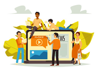 Banner with people searching news online, flat vector illustration isolated.