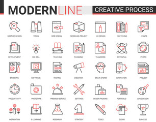Creative work process red black outline line icons. Statistics, processing data on digital dashboard, development idea project.