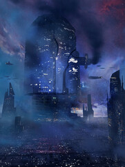 Obraz premium Digital painting of science fiction space city in the distant future with ships flying in the background - fantasy sci-fi illustration