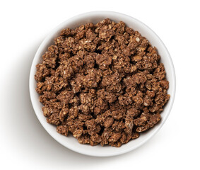 Bowl of chocolate granola, crunchy muesli, top view