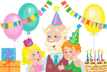 Happy birthday! Children with their beloved grandpa in festive hats. The room is decorated by checkboxes, balloons and gifts. In cartoon style. Isolated on white background. Vector illustration.