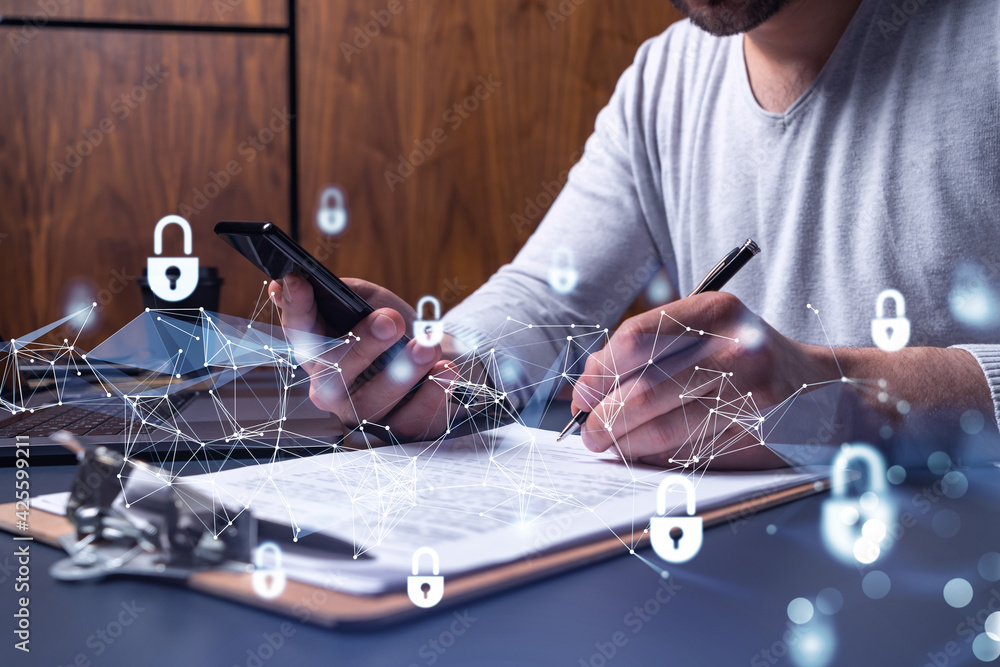 Poster a businessman in casual wear signing the contract to prevent probability of risks in cyber security.