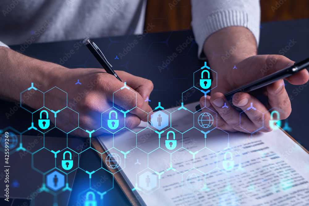 Poster a businessman in casual wear signing the contract to prevent probability of risks in cyber security.