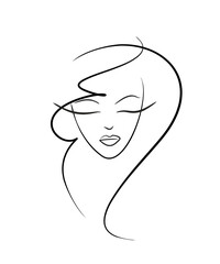 girl face - silhouette, vector graphics. the idea is beauty and style. logo on a white background for cosmetology. facial features of a young girl - a look down, an elegant lock of hair