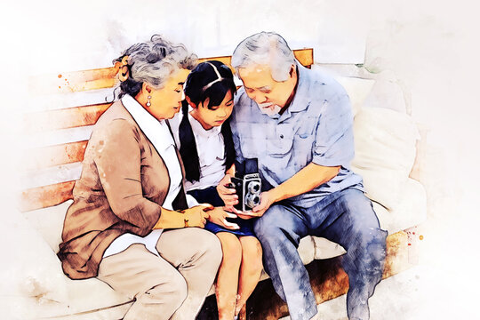 Abstract happiness Grandpa, grandma and granddaughter on watercolor illustration painting background.