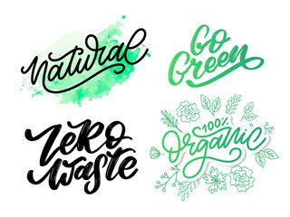 Concept set Go green Organic Natural Zero Waste handwritten text title sign. Vector illustration.