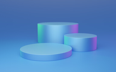 3 Empty blue cylinder podium with red and green rim light on bright background. Abstract minimal studio 3d geometric object. Mockup space for display of product design. 3d rendering.