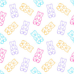 Seamless vector pattern with jelly gummy bears. Line objects. Colorful palette. Cute hand drawn background for kids room decor, nursery art, package, wrapping paper, textile, print, fabric, wallpaper.