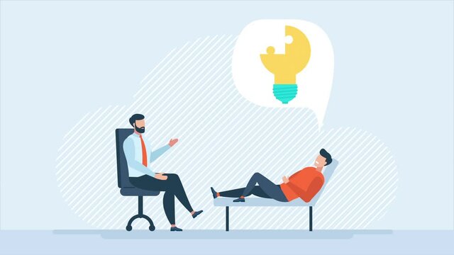 Patient receives support from a specialist. Problem solving. 2d animation, psychotherapy, unraveling complex situations, concept of social psychiatry, therapist and patient. Motivational conversation.