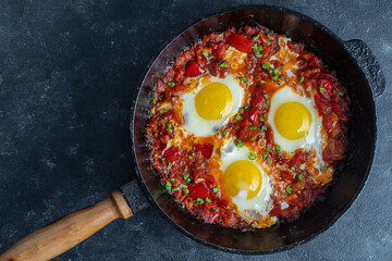 Shakshuka, fried eggs with tomatoes, onion, red pepper and spices in cast iron pan