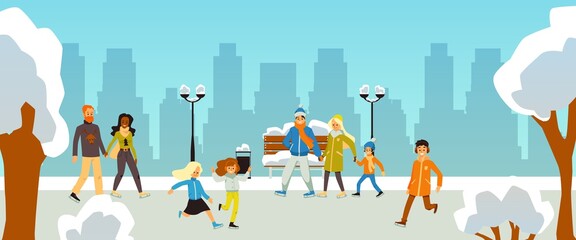 Fun skating on ice rink for children and adults in winter christmas holidays.
