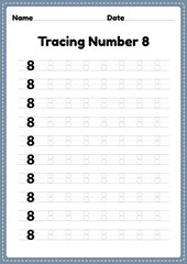 Tracing number 8 worksheet for kindergarten and preschool kids for educational handwriting practice in a printable page.