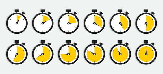 Set of timer icons. Stopwatch with countdown minutes. Clock, time and digital timers. Sport watch. Vector illustration.