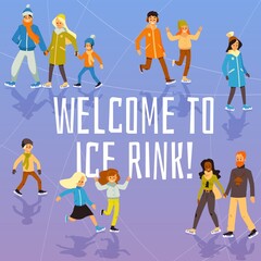 People skating on ice rink in winter season a flat cartoon vector illustration