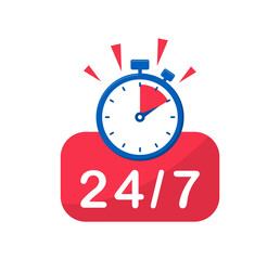 24 7 service. 24-7 open, concept with timer. Banner 24 hours a day open. Vector Illustration.